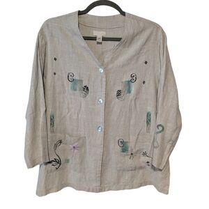 Vintage J. Jill Women's 100%linen Beige Paint Stamped Buttons up Front  Size 1X.